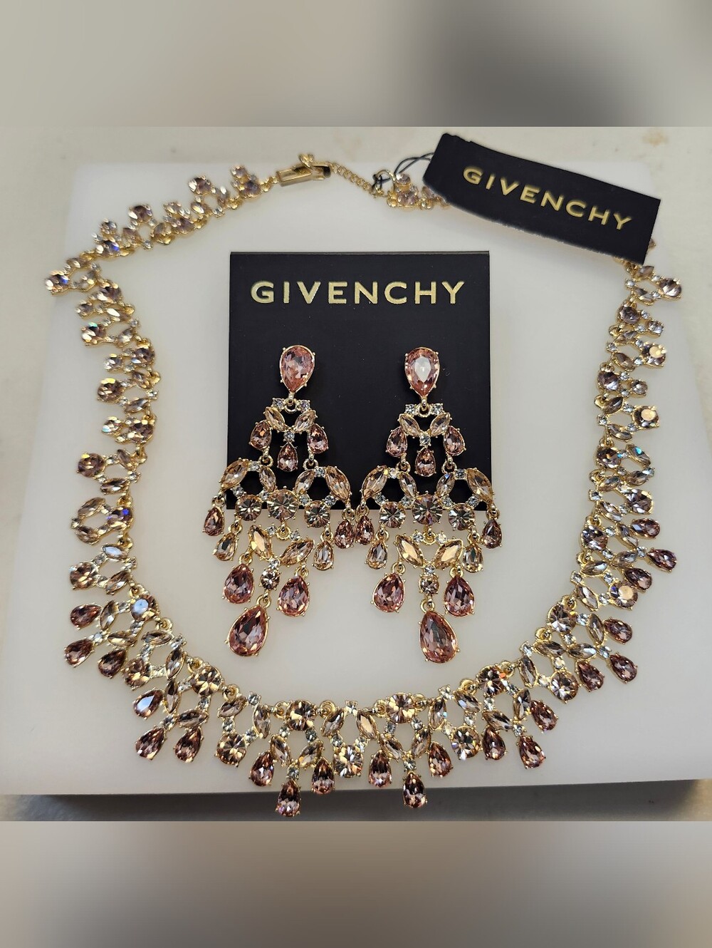 NWT Givenchy Gold-Tone Pink Crystal Cluster Statement Necklace/Earrings Set